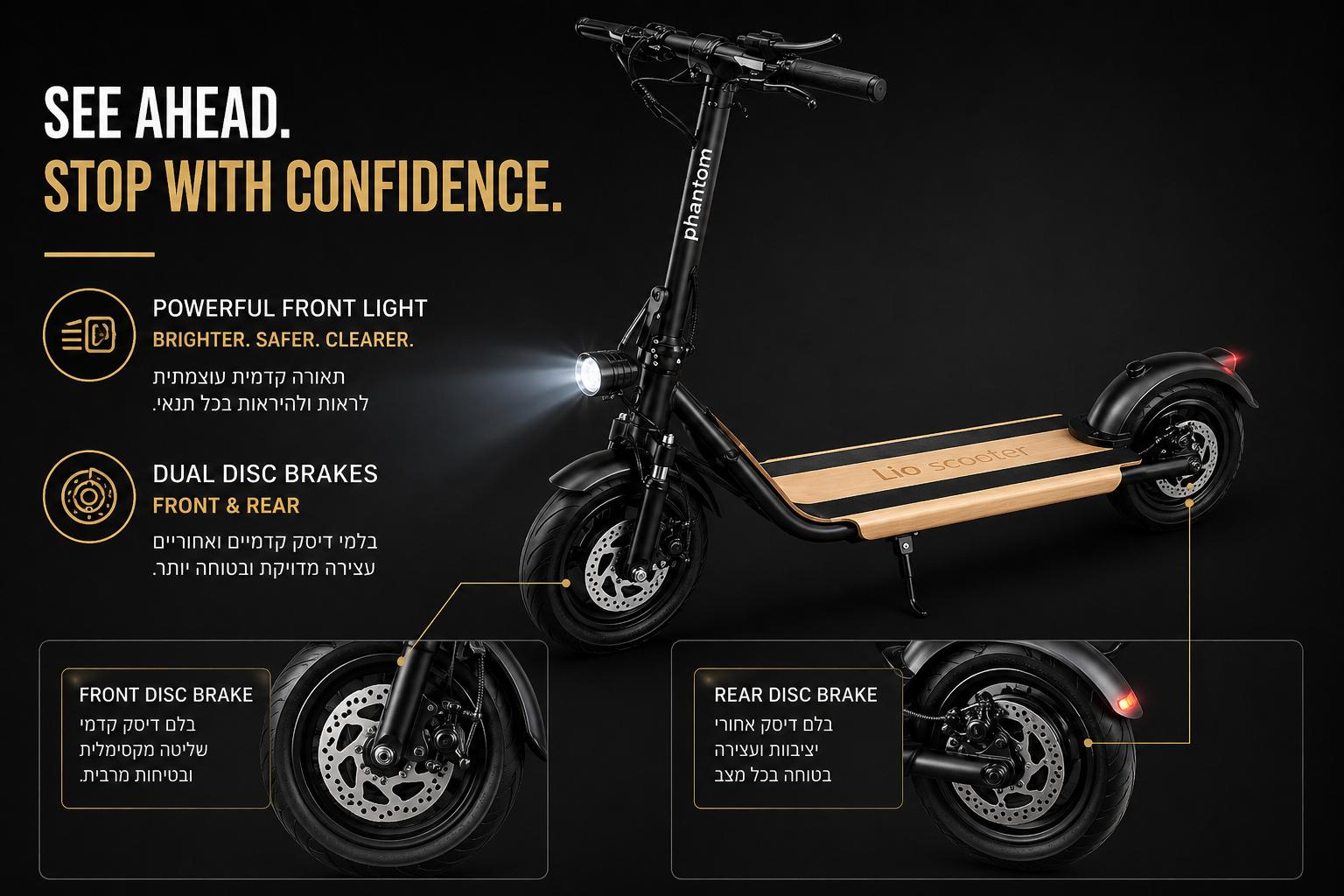 Phantom Lio powerful front LED headlight and dual hydraulic disc brake system front and rear – safe premium electric scooter