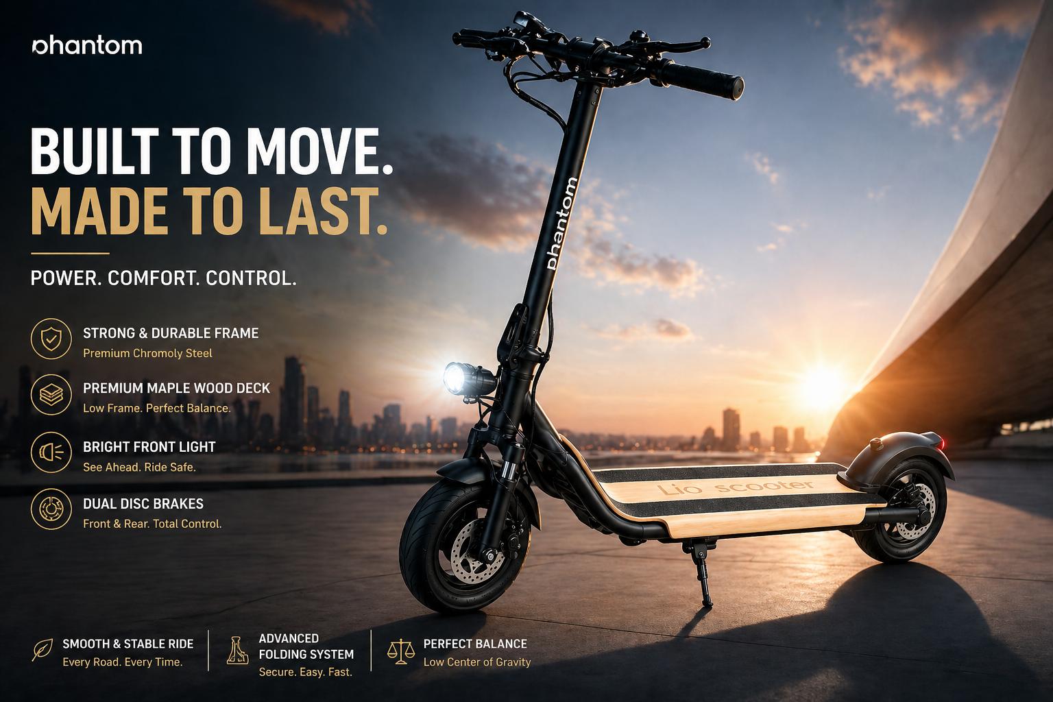 Phantom Lio premium electric scooter – powerful brushless motor, maple wood deck, hydraulic suspension, lifestyle hero shot