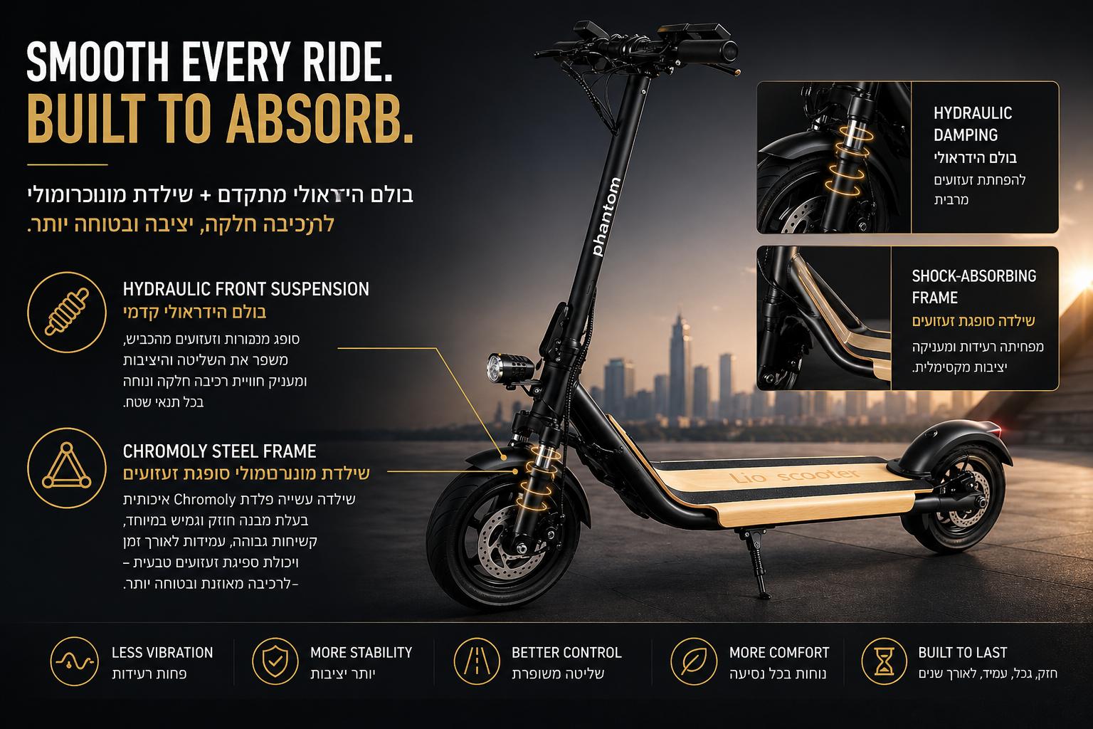 Phantom Lio hydraulic front suspension and Chromoly steel frame – shock absorbing durable electric scooter full width